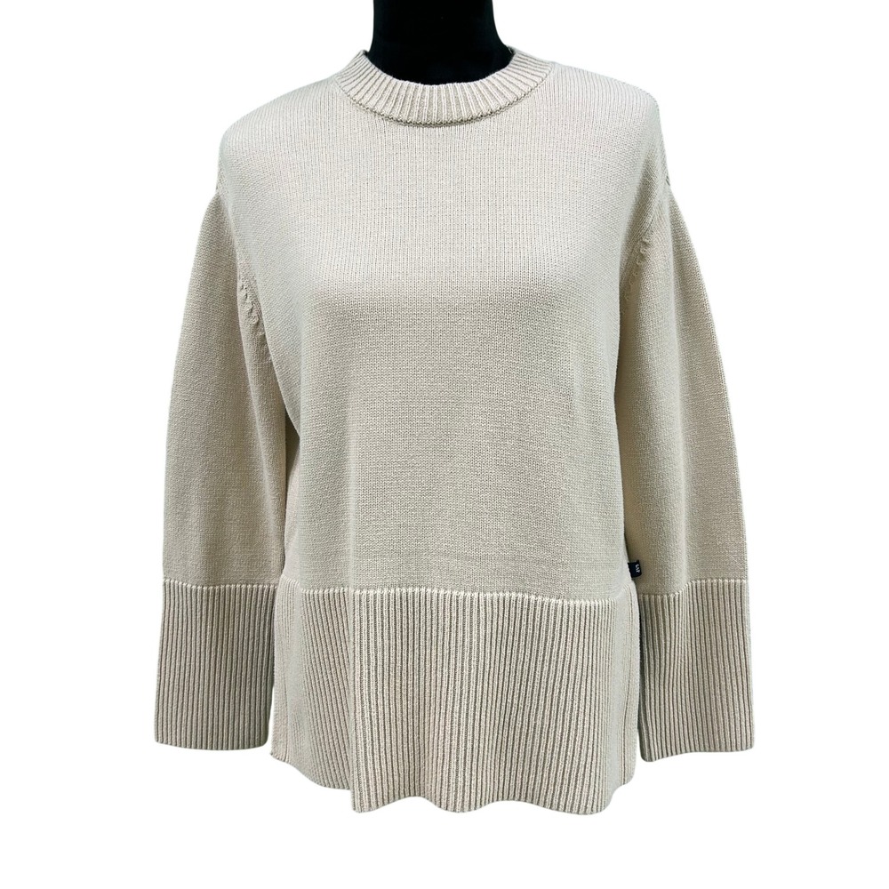 GAP‎ Sweater SMALL Cream Knit Pullover Long Sl Crew Neck Cotton Ribbed Split Hem